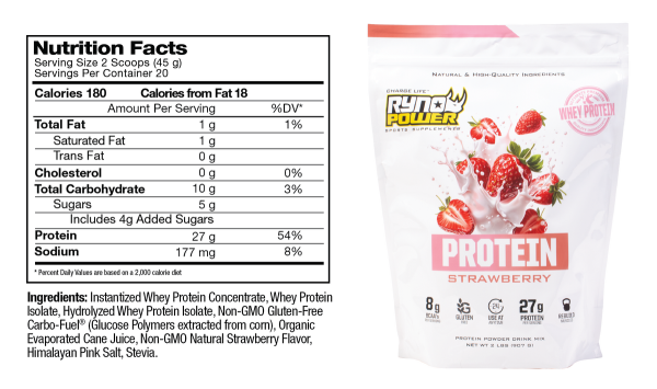 Pudră proteică din zer Ryno Power PROTEIN Premium Whey cu căpșuni, 1 lb, 2, nordicamoto.ro