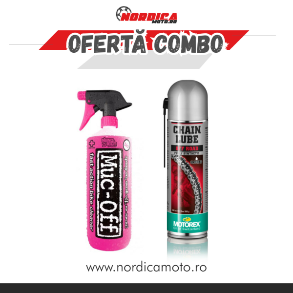 Pachet solutie curatat motocicleta MUC-OFF 1l + spray lant offroad Motorex 500ml