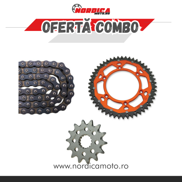 Pachet Lant transmisie CZ 520 ORM O-Ring 116 zale + Pinion fata KTM Moto Master + Pinion dual KTM Moose Racing PORTOCALIU