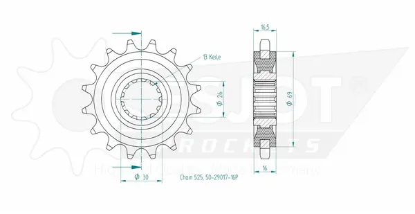 Pinion standard față 525, culoare naturală, 2, nordicamoto.ro