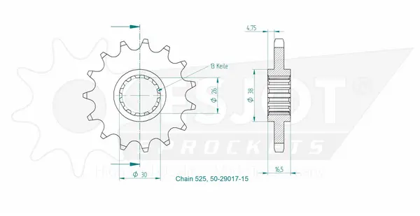 Pinion standard față 525, culoare naturală, 2, nordicamoto.ro